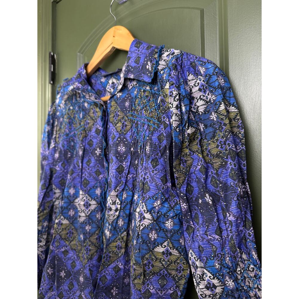 NWT Ro's Garden Gin Button-Up Collared Geometric Shirt Lachen Blue Purple XS - Picture 2 of 7